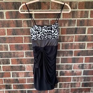 Md Y2k VTG Taboo Bodycon Mini Dress Snow Leopard Print Ruched Clubwear Mobwife